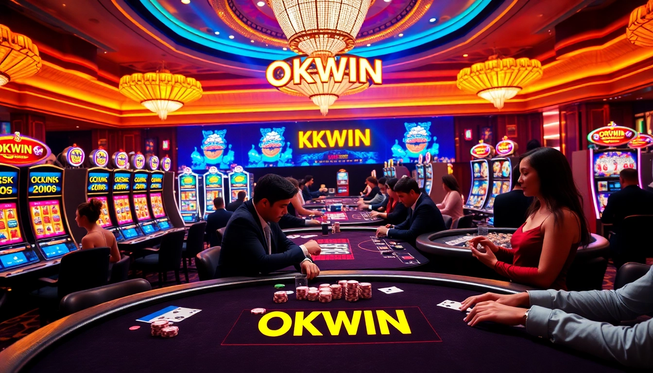 Experience the thrill of OKWIN gaming with vibrant casino tables and poker chips.