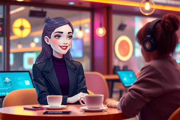 Engaging AI girlfriend in a cozy, futuristic café setting with warm lighting and technology.