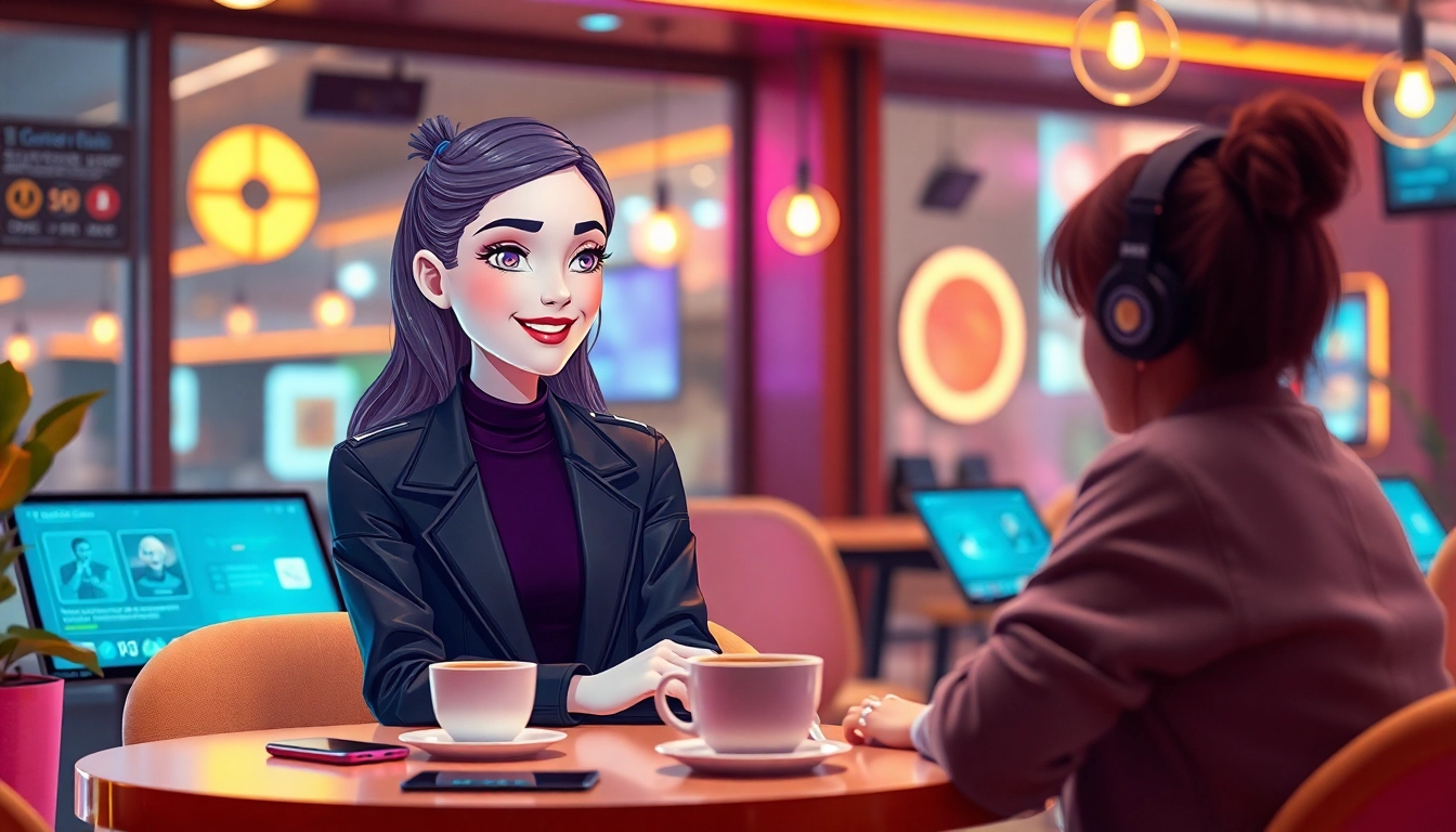 Engaging AI girlfriend in a cozy, futuristic café setting with warm lighting and technology.