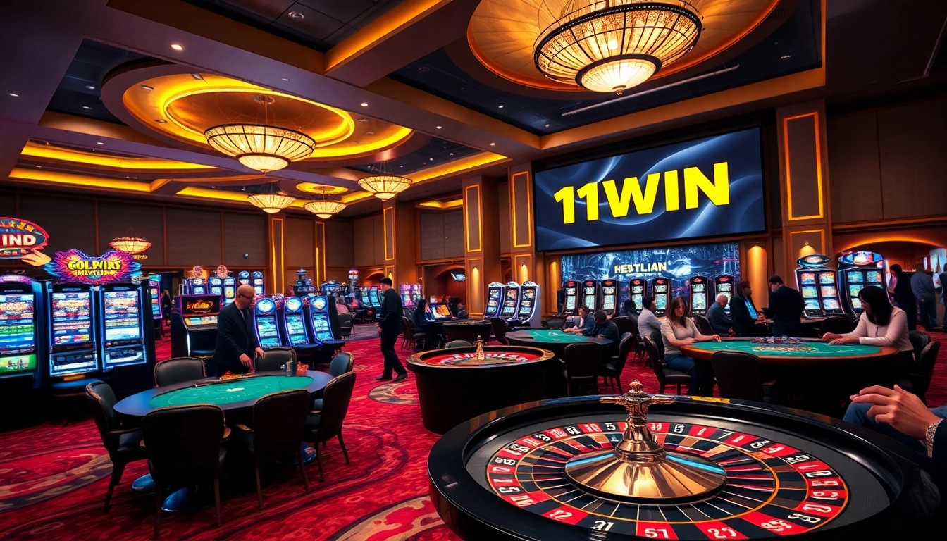 Feel the excitement of the 11WIN casino with players enjoying roulette and poker.