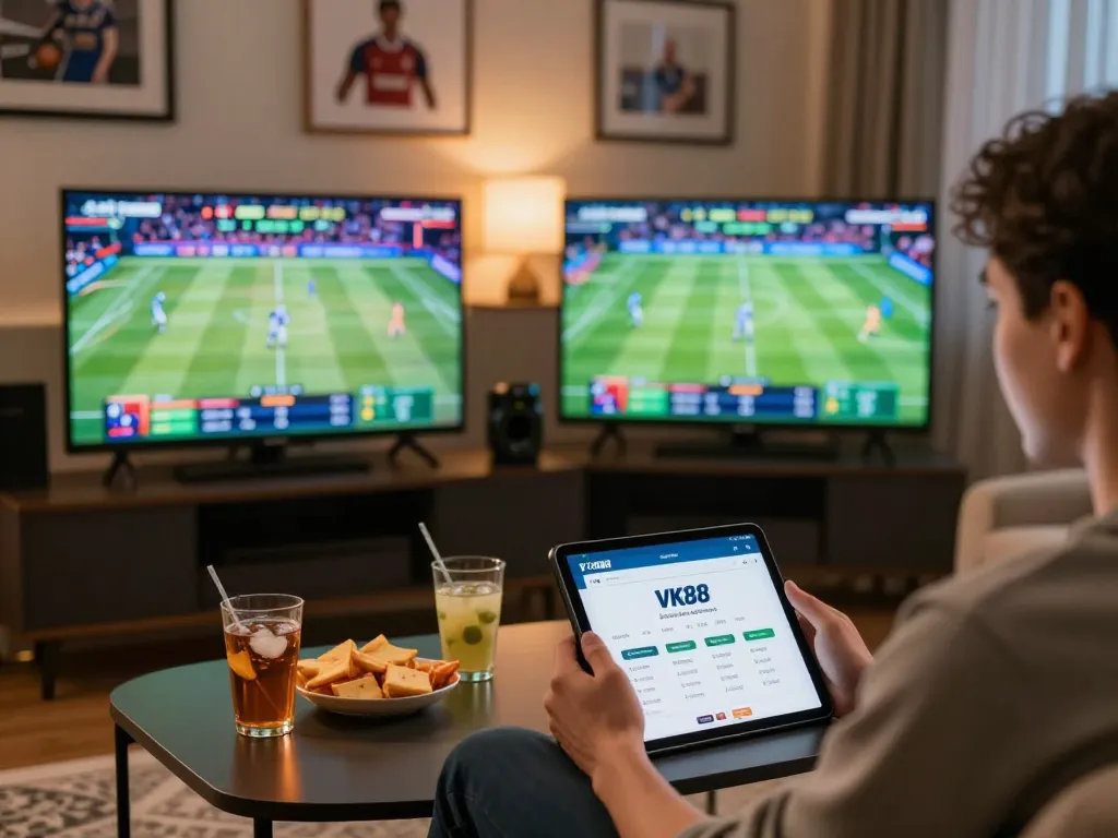 Engaging home sports betting experience using VK88 app on tablet, showcasing vibrant sports visuals.