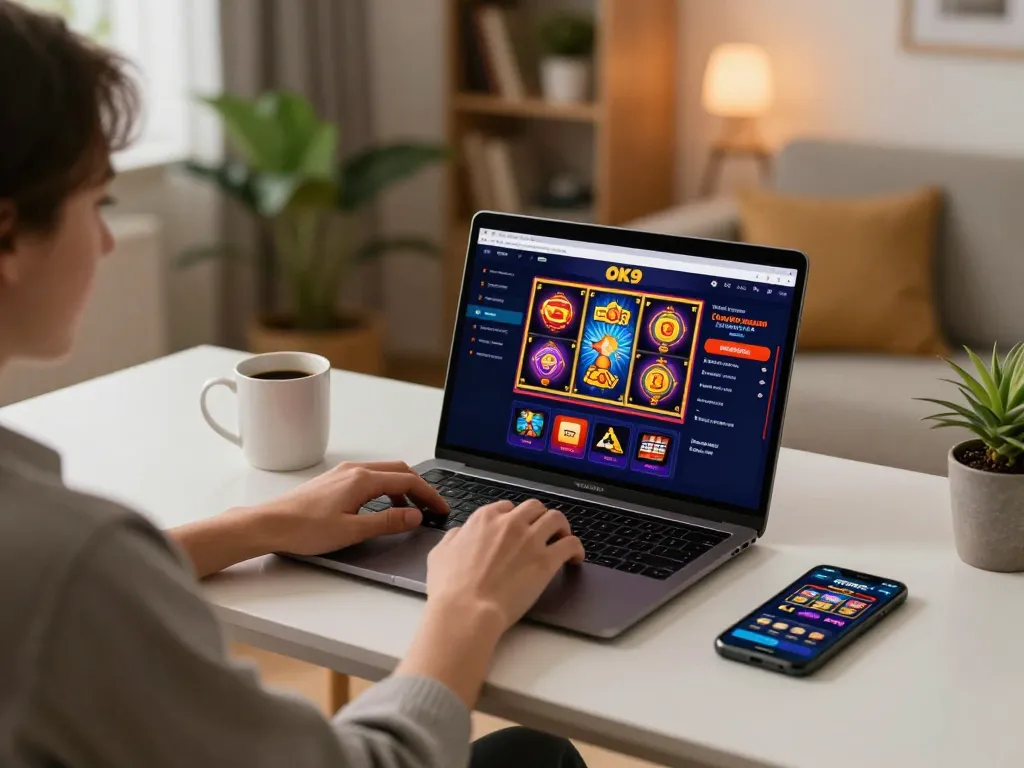 Person engaged in online casino gaming at their home with OK9 apps on display