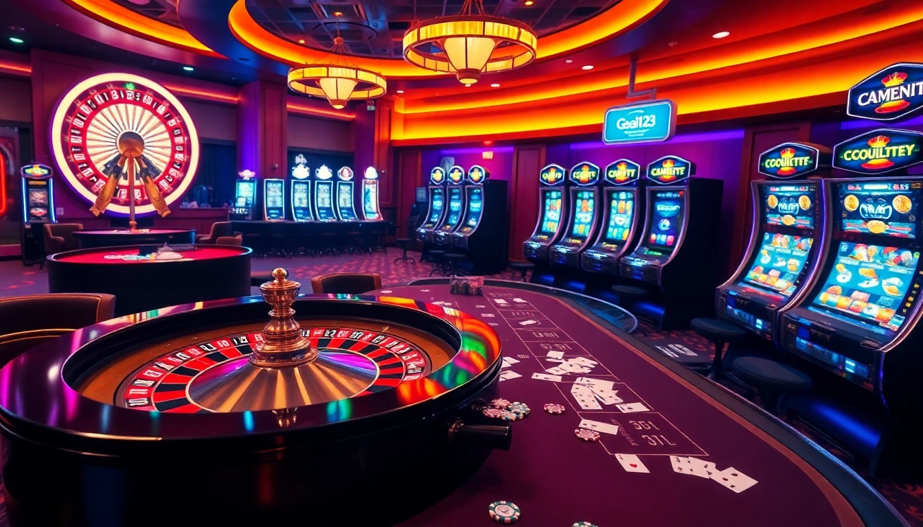 Experience thrilling gambling with Goal123 at a vibrant casino featuring slot machines and poker tables.