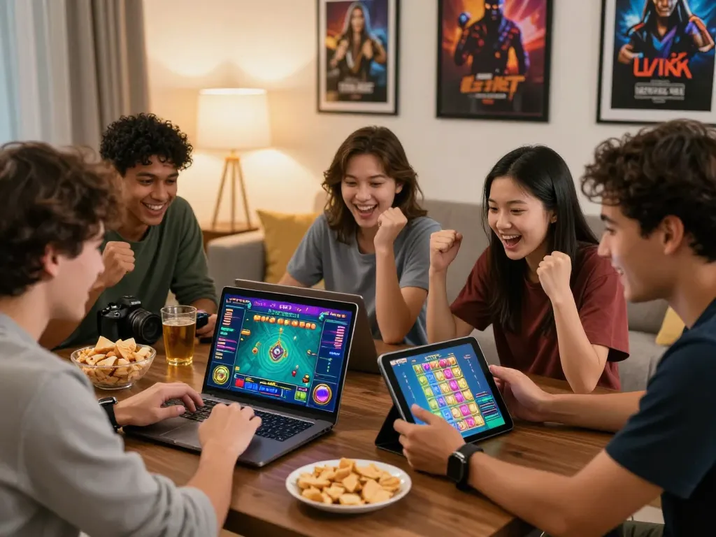 Friends enjoying tài xỉu online together in a cozy gaming setup with snacks and an exciting atmosphere.