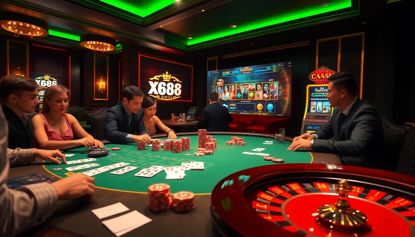 Experience the excitement of gambling at https://xx88.se.net/ with a luxurious poker table, roulette wheel, and slot machine.