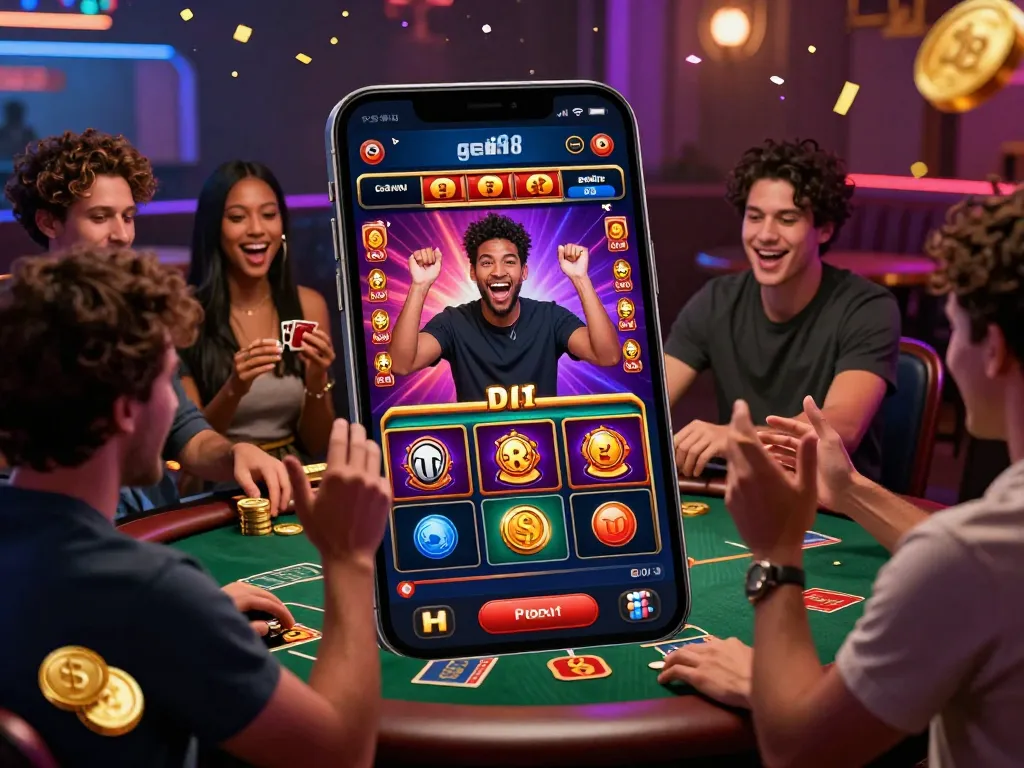 Engaged players celebrating a win at gem88's vibrant online gaming platform.