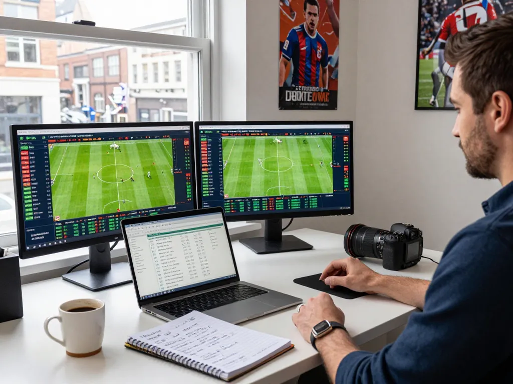Live betting analysis with kèo nhà cái 5 on multiple screens in a modern office.