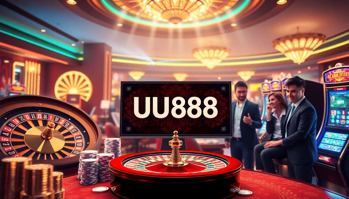 Players experience thrilling gaming moments at UU888 online casino, featuring lively slot machines and poker chips.