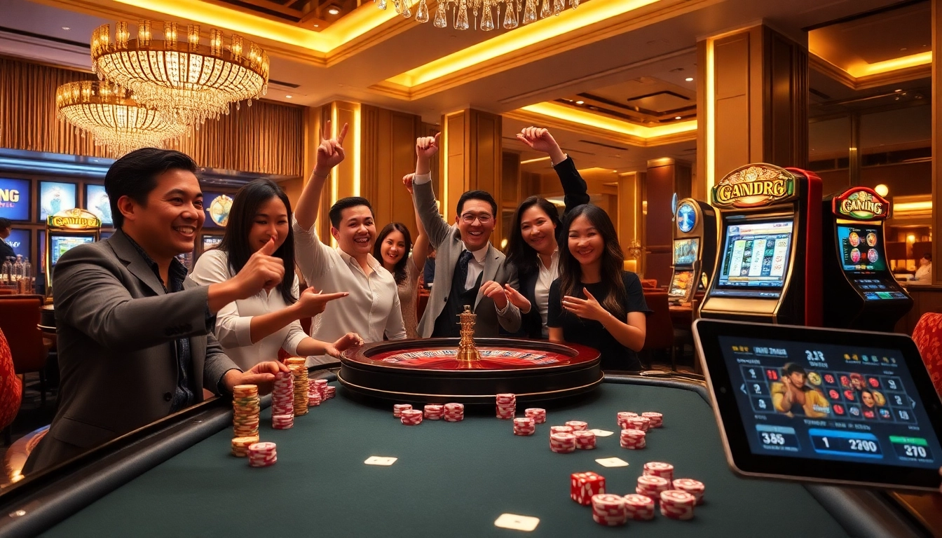 Excited players at a nhà cái jun88-themed casino table filled with chips and cards.