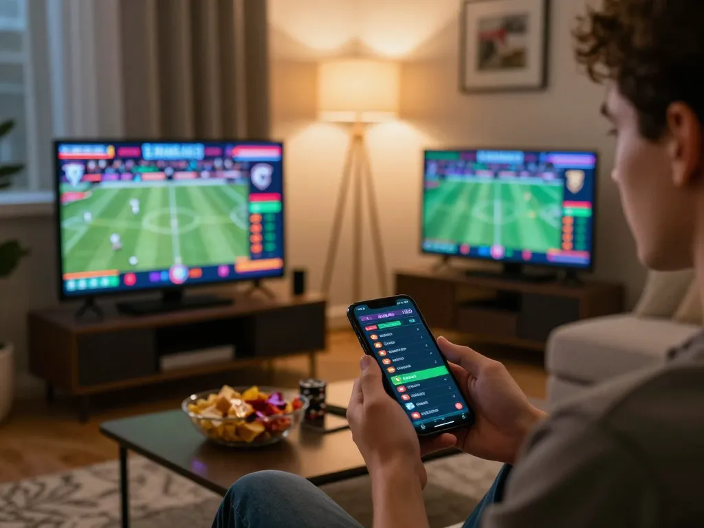 Engaged bettor analyzing live sports on https://shbet.id/ smartphone app in a cozy home setting