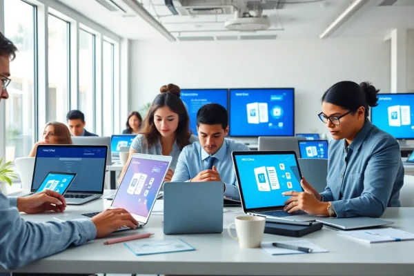 专业人士在现代办公室中使用 WPS Office 进行协作