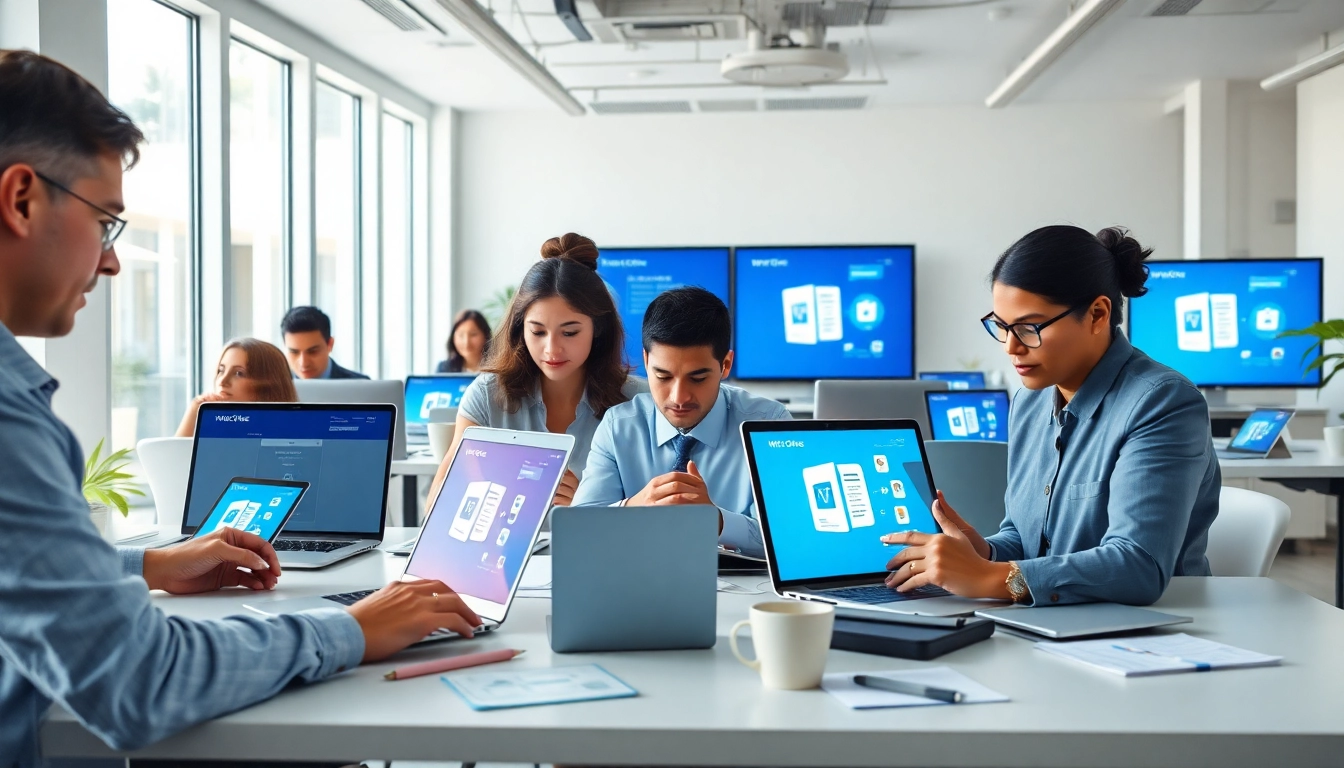 专业人士在现代办公室中使用 WPS Office 进行协作