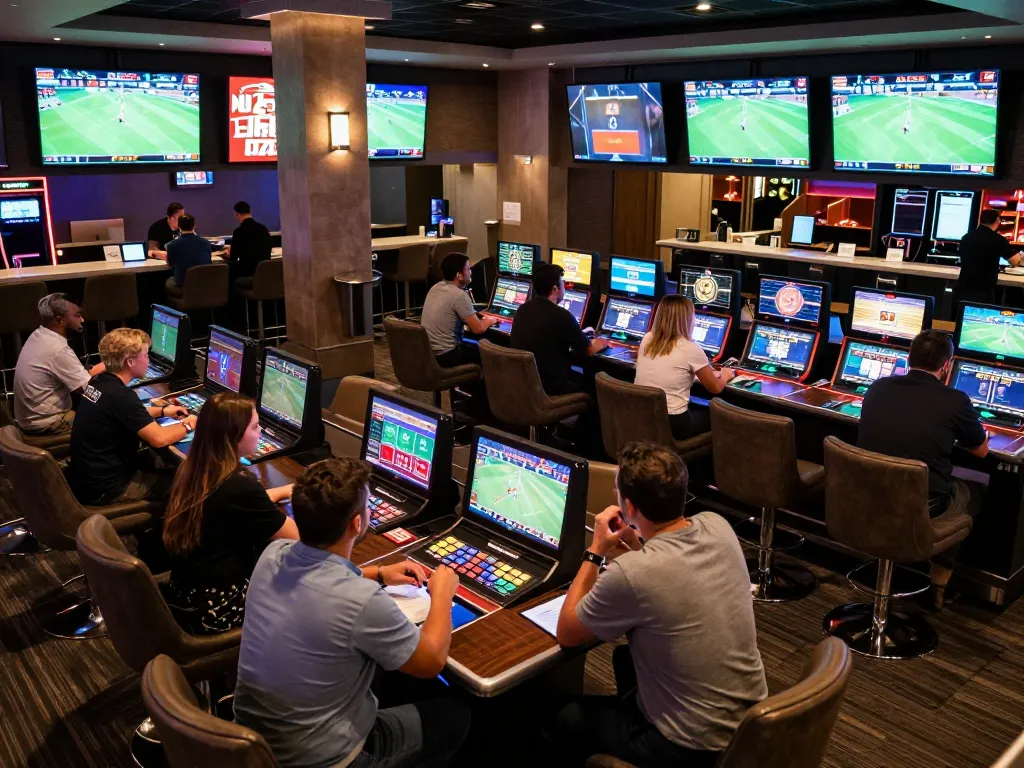 Place your bets with precision as kèo nhà cái hôm nay updates odds in a lively sports betting lounge scene.