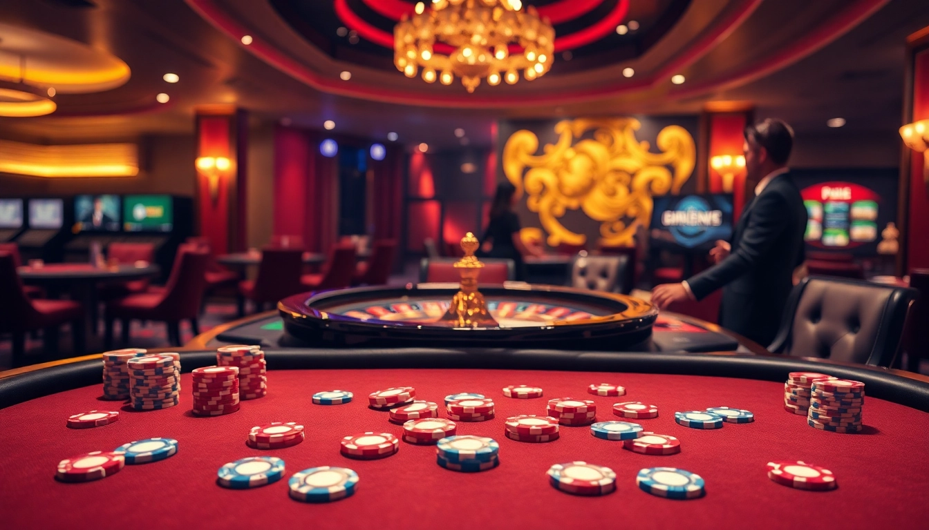 Engage in the excitement of tr88 trang chủ with a high-end casino setup featuring vibrant poker chips and a roulette wheel.