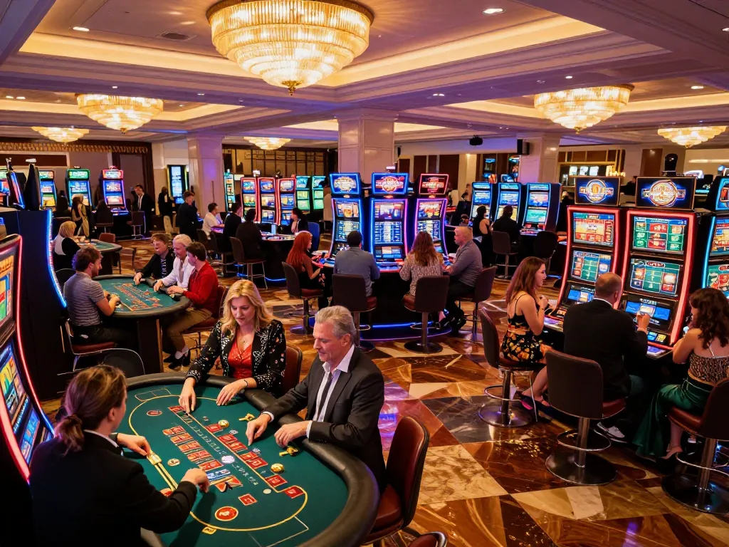 Nohu players celebrating victories at a vibrant casino, engaging with slot machines and blackjack tables.