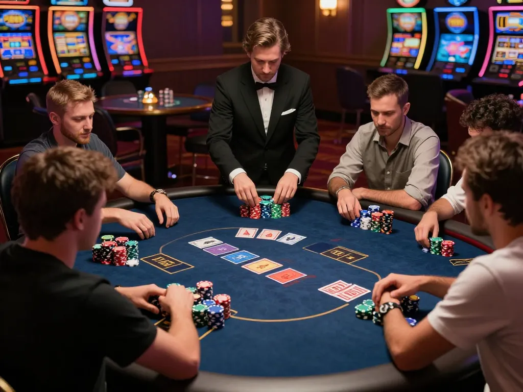 Engaged players strategizing in a high-stakes poker game at 789bet casino, vibrant chips and cards in focus.