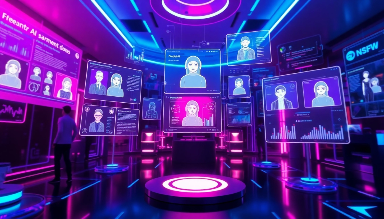 An engaging visualization of the best NSFW AI platforms featuring holographic interfaces and user interactions.