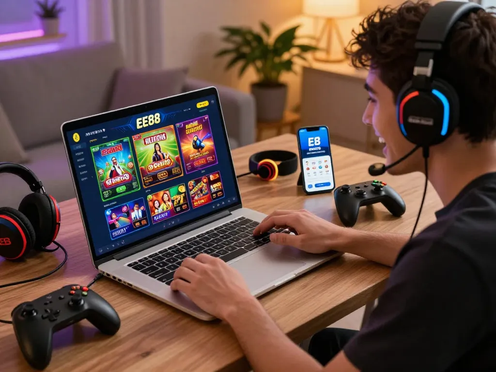Player using EE88 platform in a cozy home gaming setup with vibrant visuals and accessories.