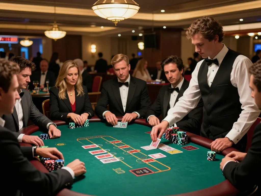 Players engaging in a sun win blackjack game with intense focus on dealer's cards and stacks of chips.