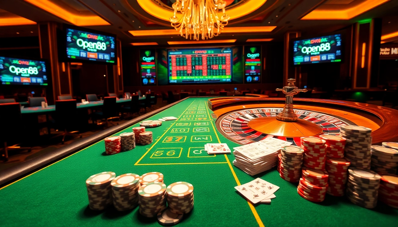 Experience the excitement of online gaming at open88 with a luxurious casino atmosphere and vibrant gaming tables.
