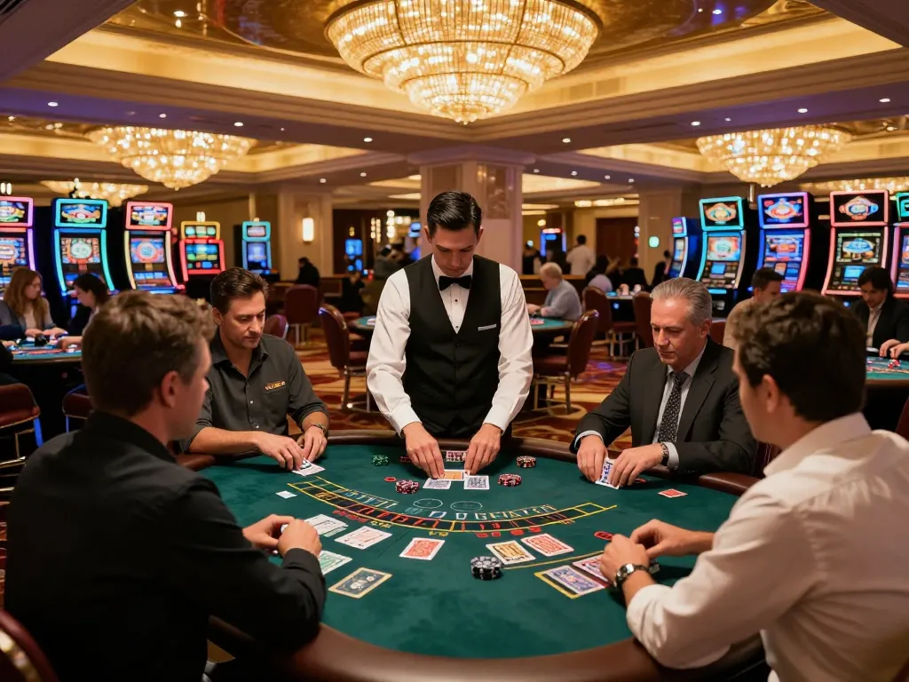 kk44 players intensely strategizing at a high-stakes blackjack table in a luxurious casino