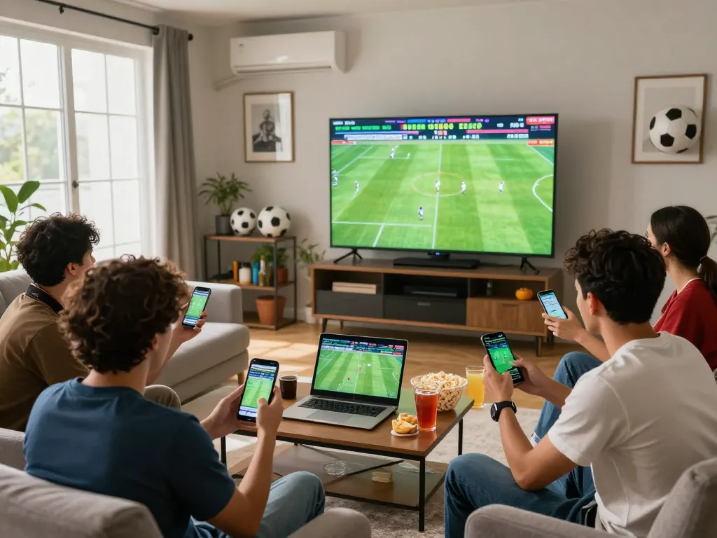 Friends analyzing tỷ lệ kèo nhà cái 5 while watching a live football match in a vibrant setting.