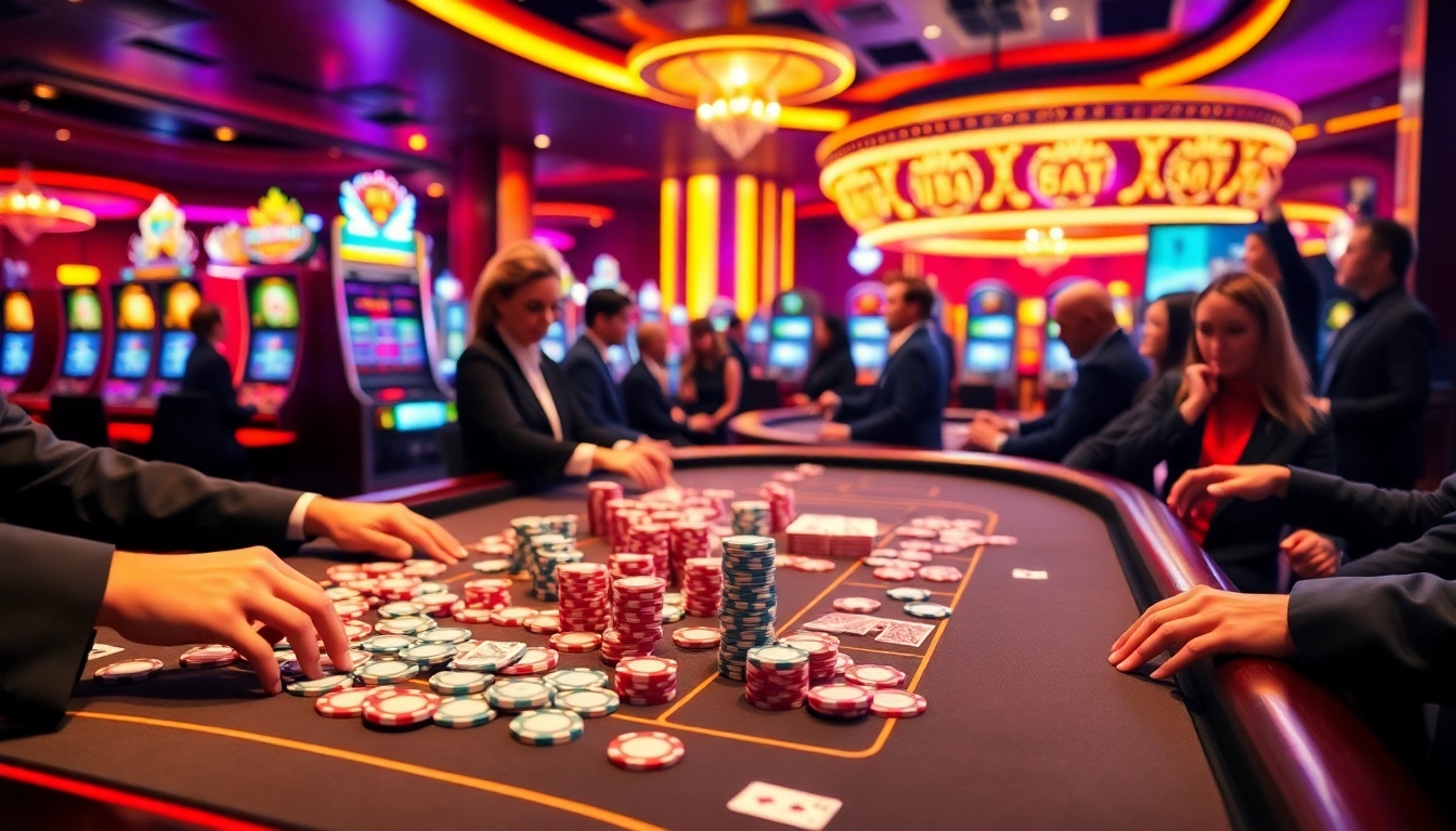 Players enjoying thrilling games at nhà cái thabet casino with vibrant chips and cards.