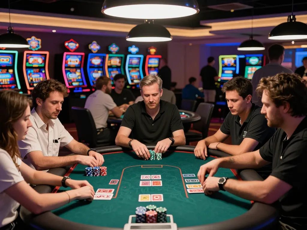 Exciting gambling atmosphere featuring diverse players at rikbet poker table in a vibrant casino