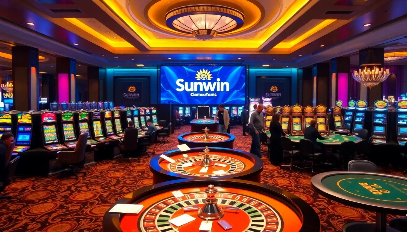 Sunwin showcases an exciting casino scene with vibrant roulette and slot machines.
