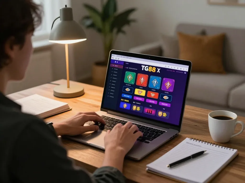 Player enjoying online gaming at home with TG88 X casino interface on screen