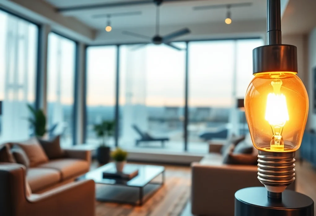 Showcase of a stylish LED A19 bulb illuminating a modern living room environment.