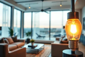 Showcase of a stylish LED A19 bulb illuminating a modern living room environment.