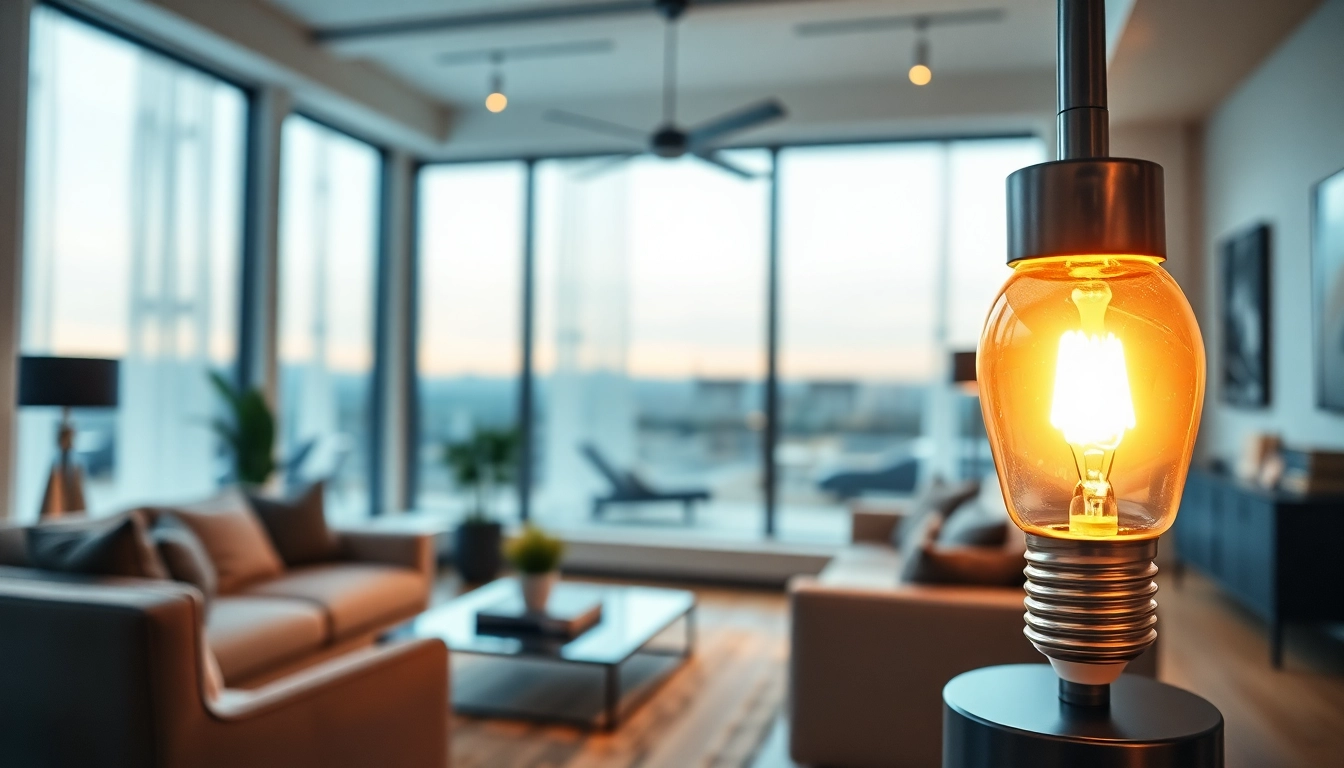 Showcase of a stylish LED A19 bulb illuminating a modern living room environment.