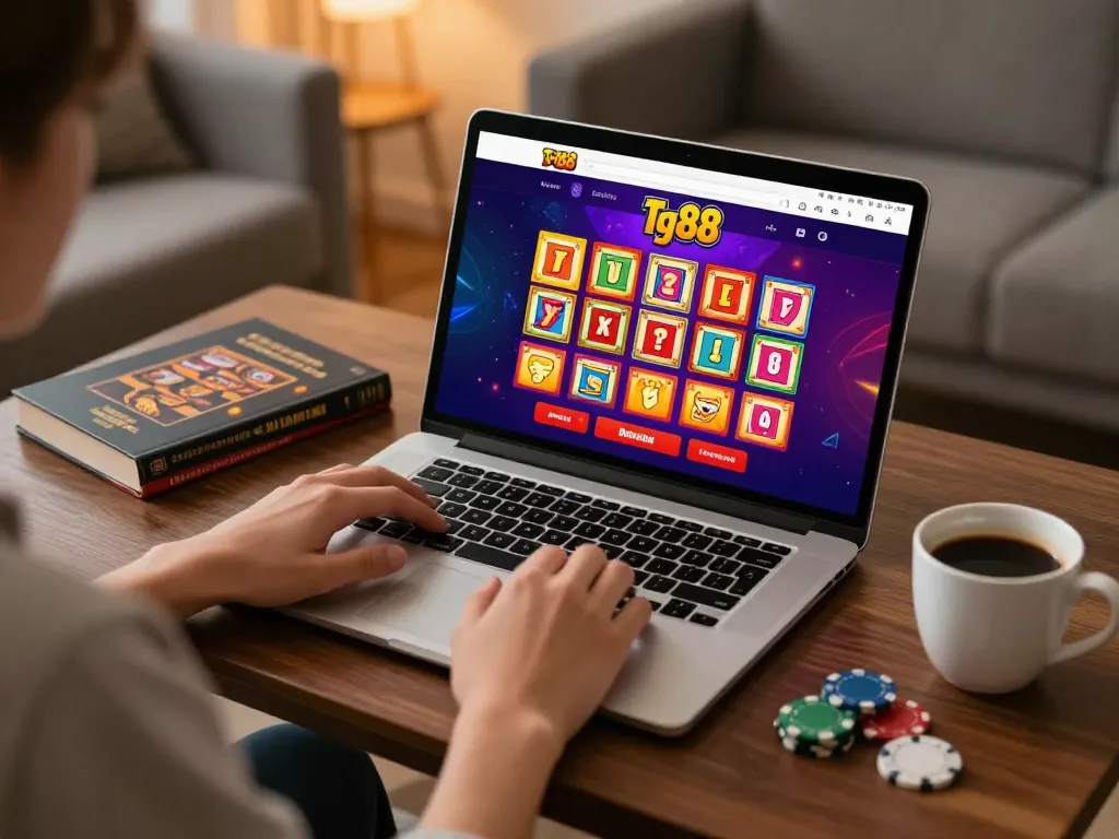 Player exploring lottery options on tg88 platform in a cozy home setting, emphasizing online gaming experience.