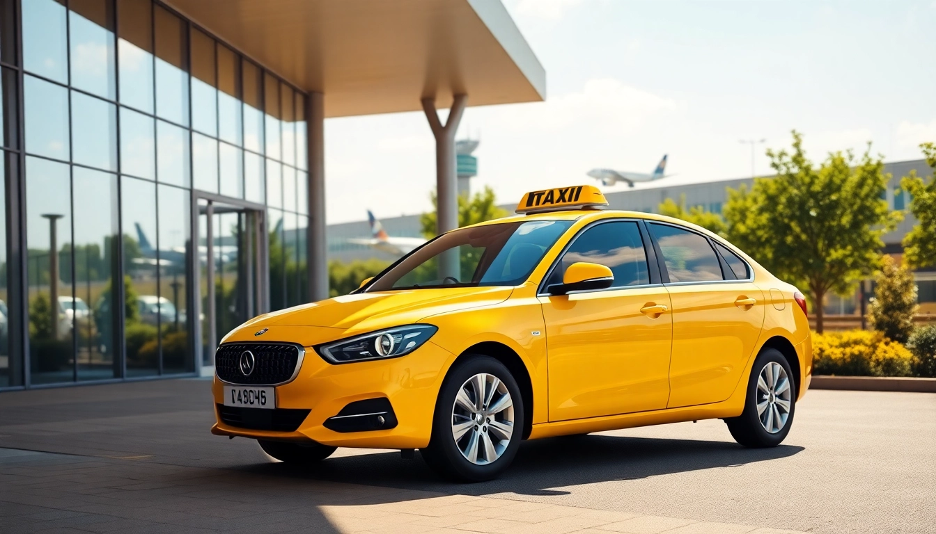 Taxi waiting at Luton airport for incoming passengers, showcasing professional service and vibrant atmosphere.