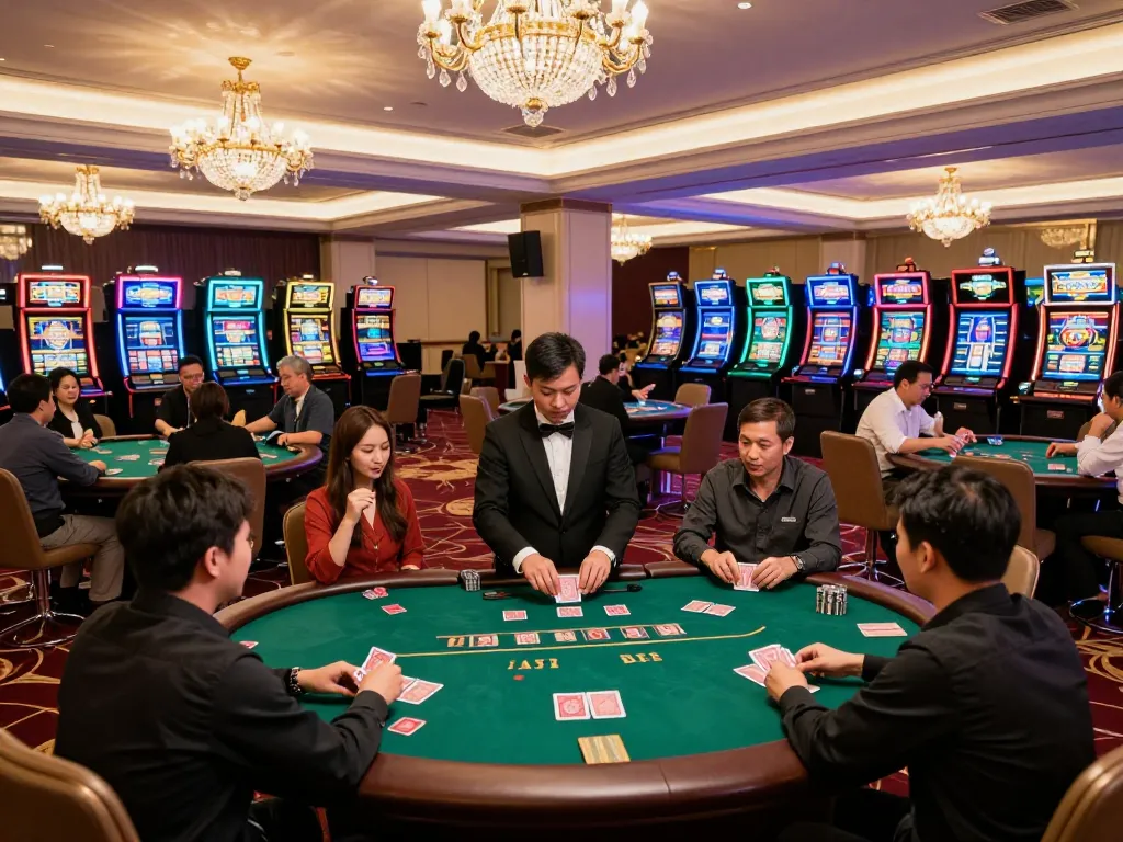Hi 88 players enjoying an exciting game at a luxurious casino table with dealers and slot machines.