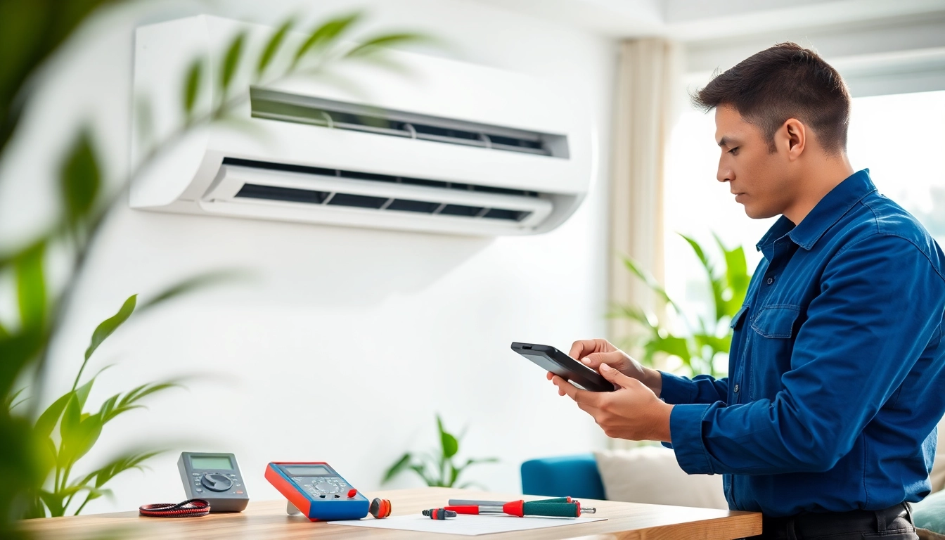 AC Repair Tampa technician efficiently servicing an air conditioning unit in a stylish living room.