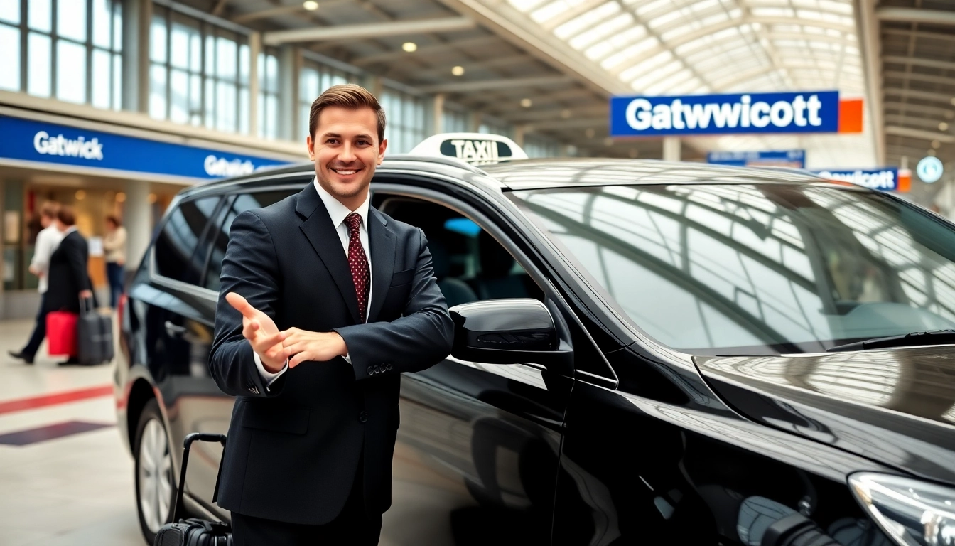 Gatwick Airport taxi service with a friendly driver welcoming passengers.