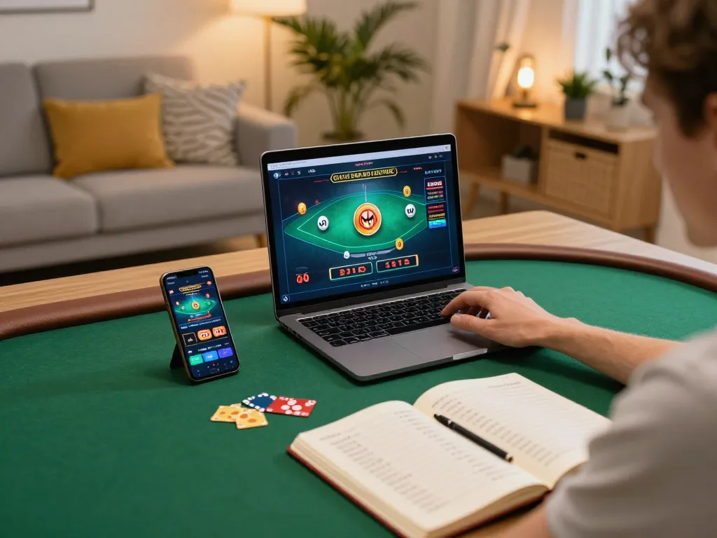 Person enjoying online poker on vin777, surrounded by strategy notes, cozy home setting