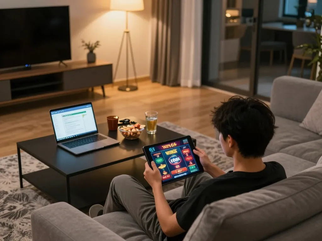 Player engaging in win68 online casino gaming on tablet in cozy living room