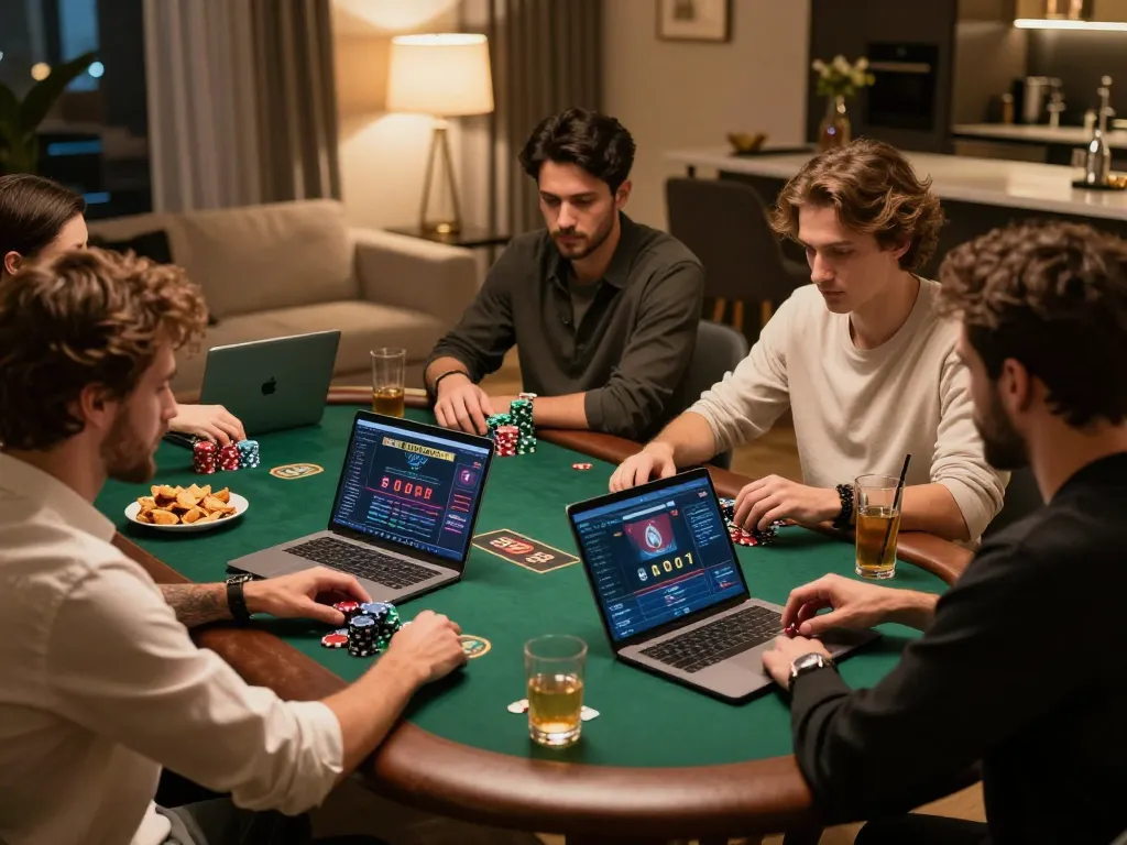 Friends using SC88 for online poker, chips and strategy notes visible, cozy home gaming atmosphere.