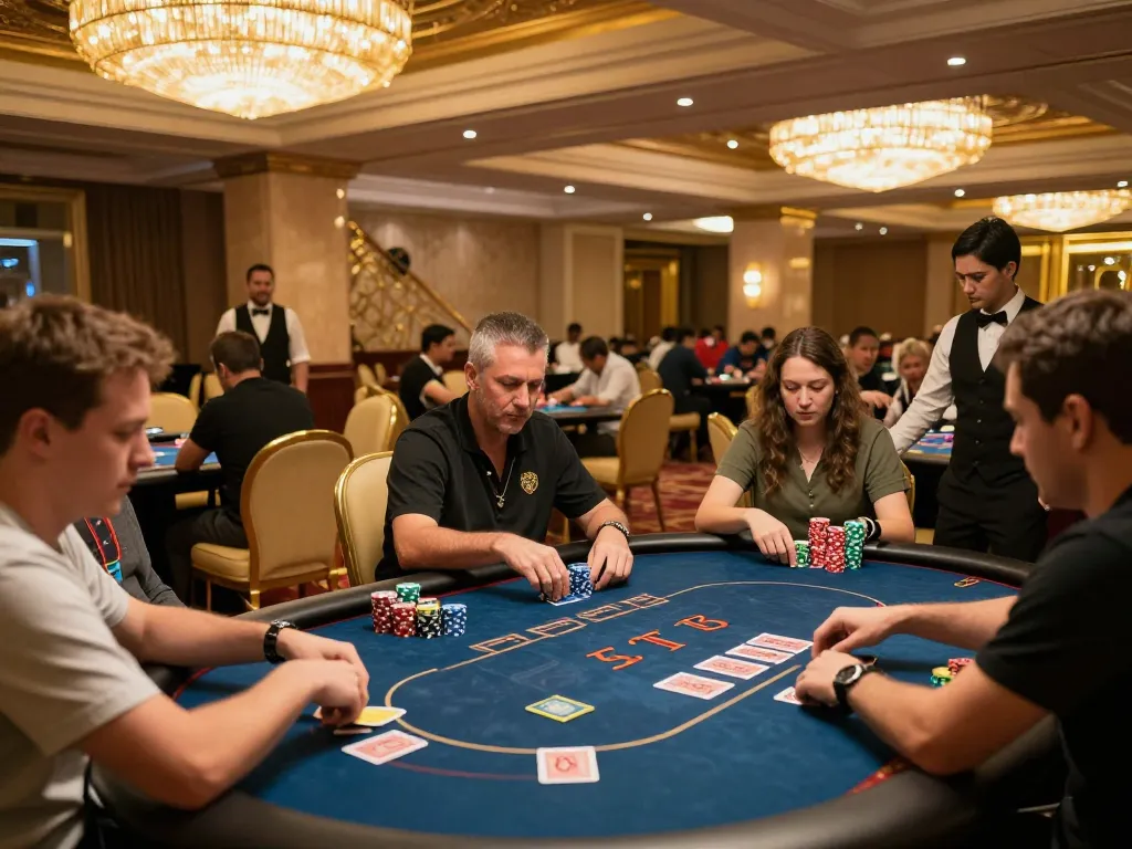 Players strategizing at poker tables in Sanclub casino, reflecting competitive gameplay atmosphere