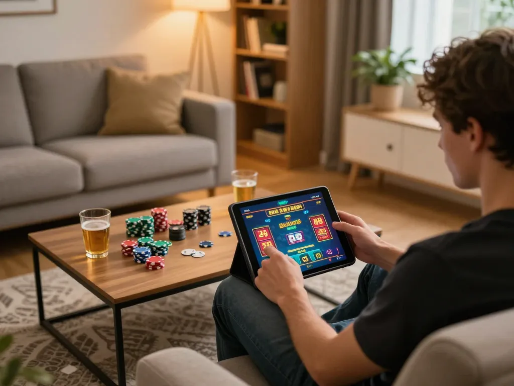 Engaging in online poker at home with alo8 platform, showcasing a cozy and strategic gaming scene.