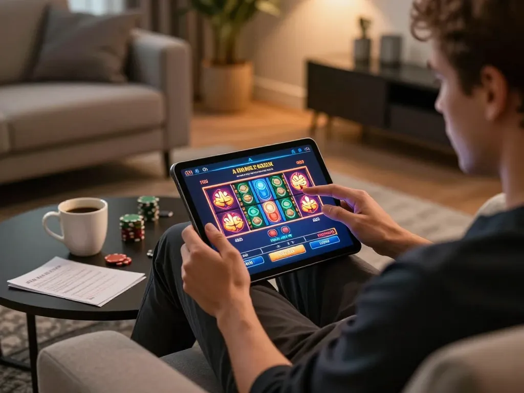 Twin68 user enjoying online slots on a tablet in a cozy home setting.