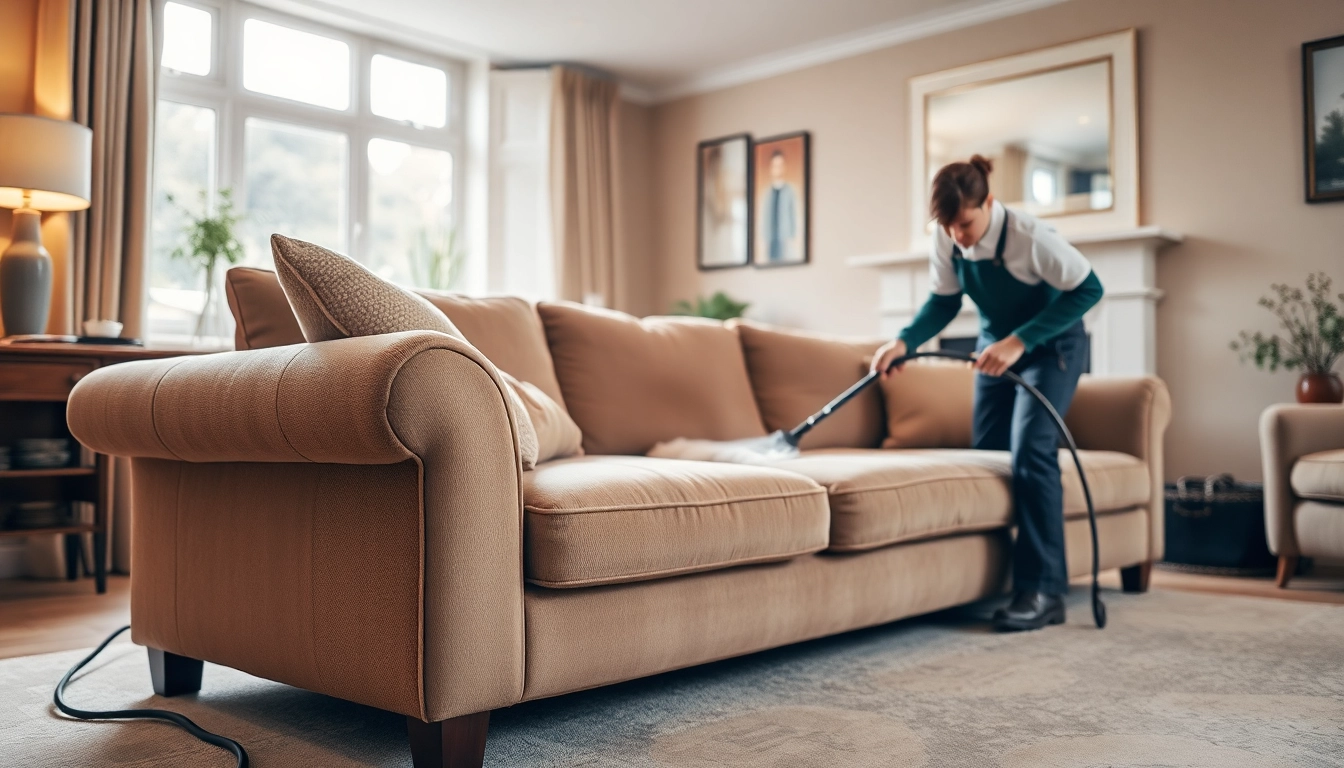 Sofa cleaning in Glasgow featuring a technician at work in a cozy living room.