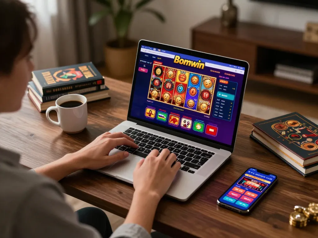 Engaging at bomwin online casino interface, showing a person playing on laptop with strategic notes beside.