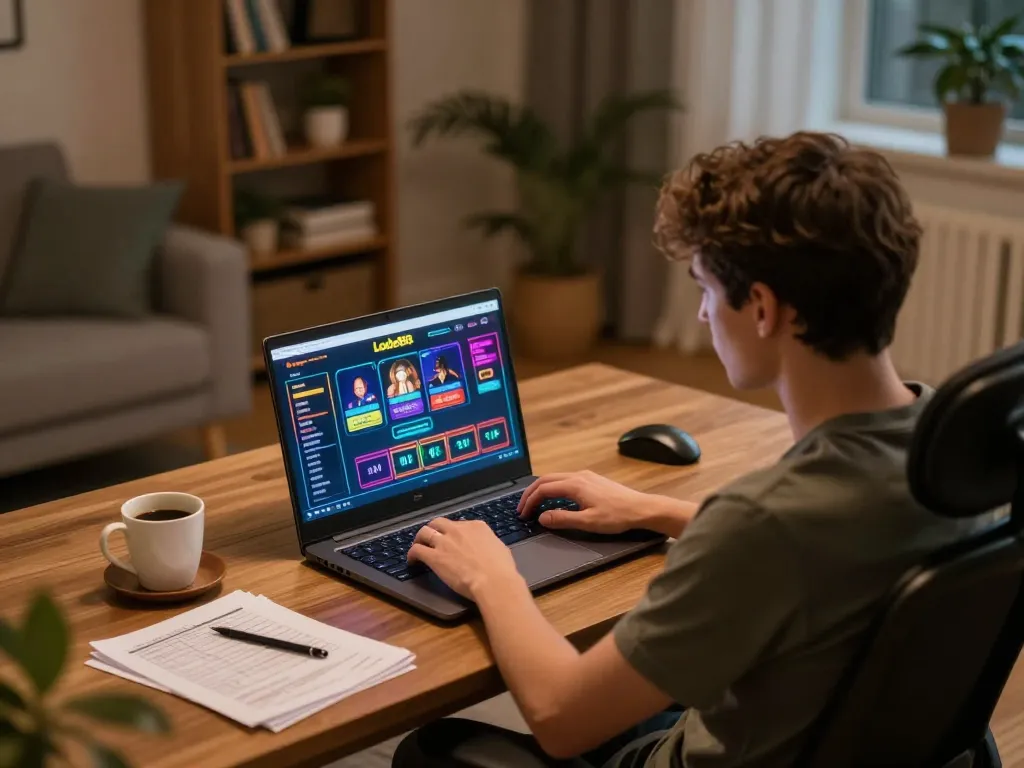An active player engaging with Lode88 online casino on a laptop, surrounded by notes and drinks, showcasing responsible gaming.