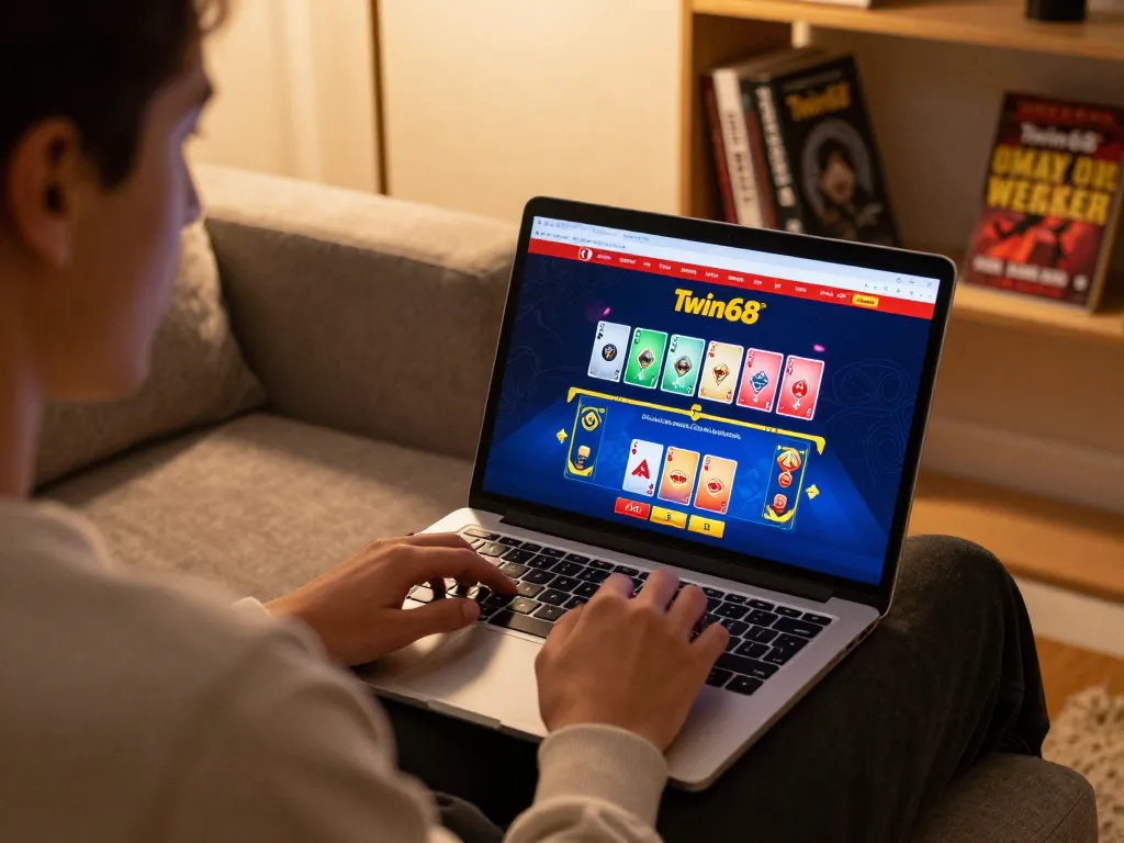 Twin68 gaming experience on a laptop at home, showcasing vibrant card games in a cozy atmosphere.