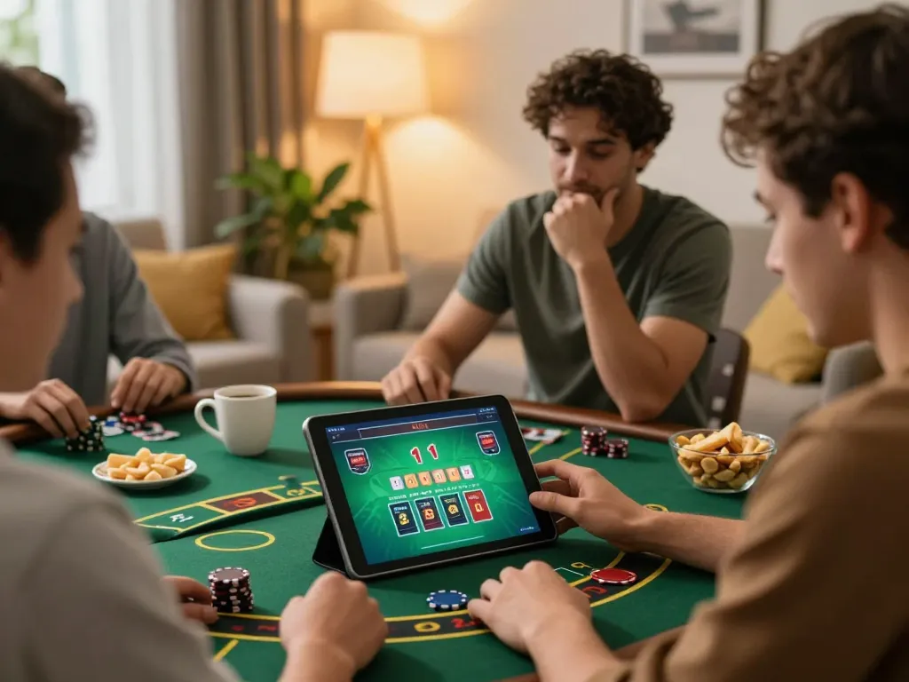 Exciting moment of LC88 players strategizing in a cozy online gaming environment at home.