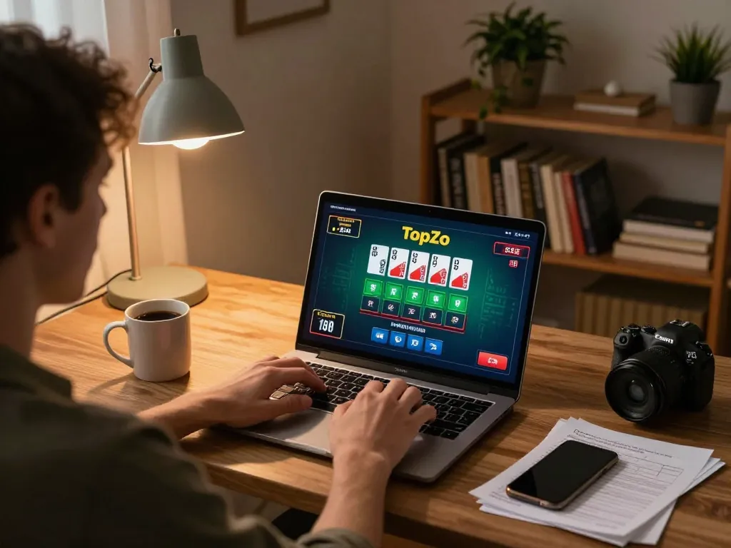 Engaging in Topzo online blackjack at home, showcasing a comfortable gaming setup.